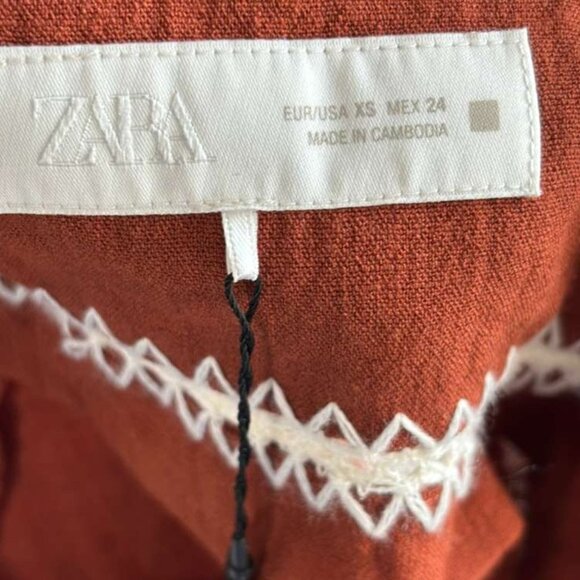 Zara Women Terracotta Embroidered Midi Dress Brown Size XS - Picture 5 of 11